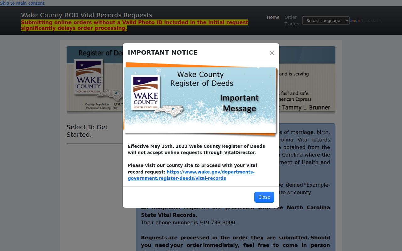 Garner resident lookup Wake Register of Deeds vital record portal