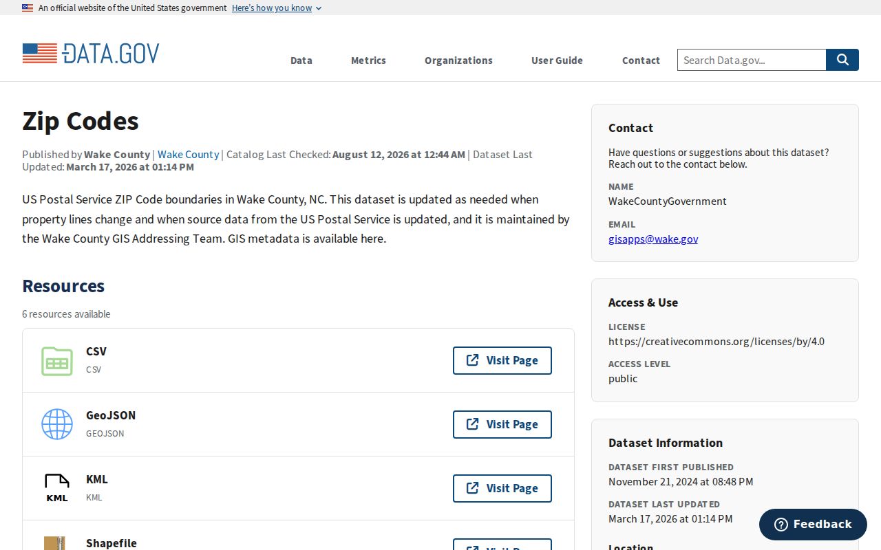 Garner ZIP code directory view of the Wake County ZIP-boundary dataset
